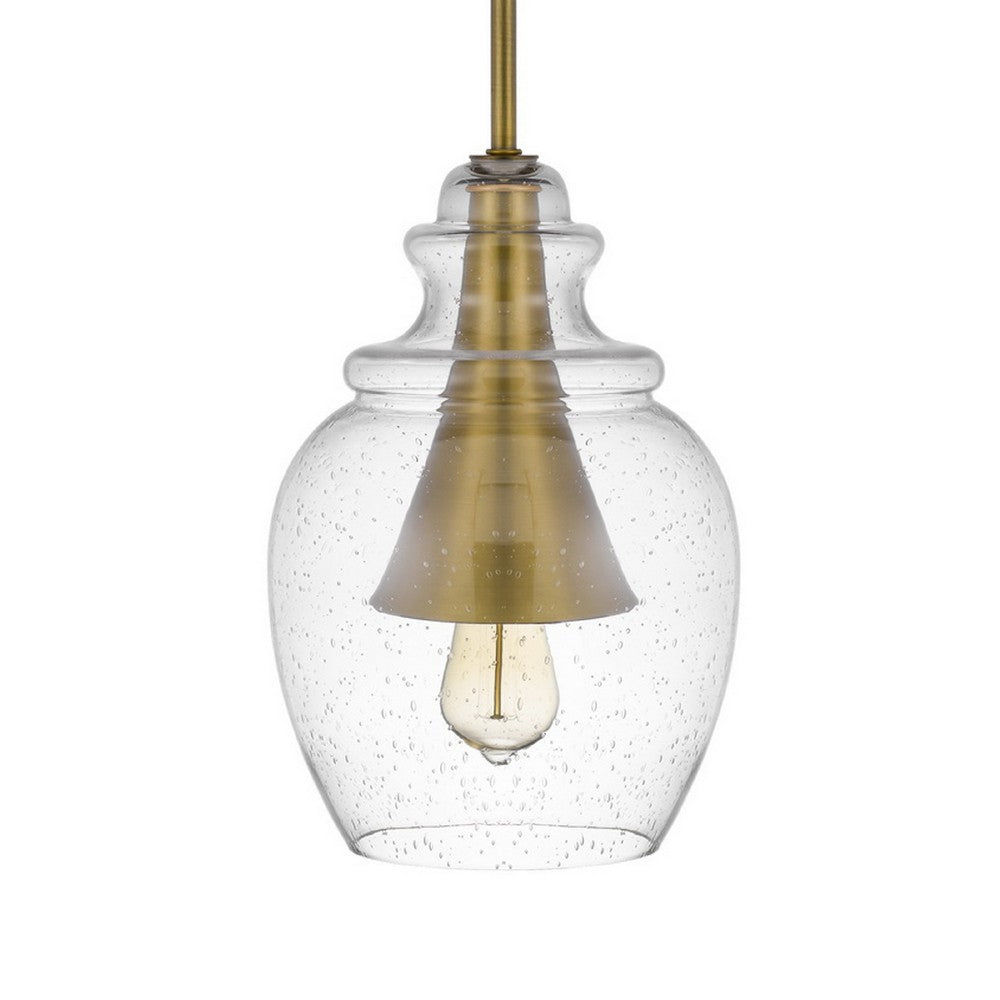 Pendant Light | Seeded Jar Glass Shade | Antique Brass Cone Center Accent