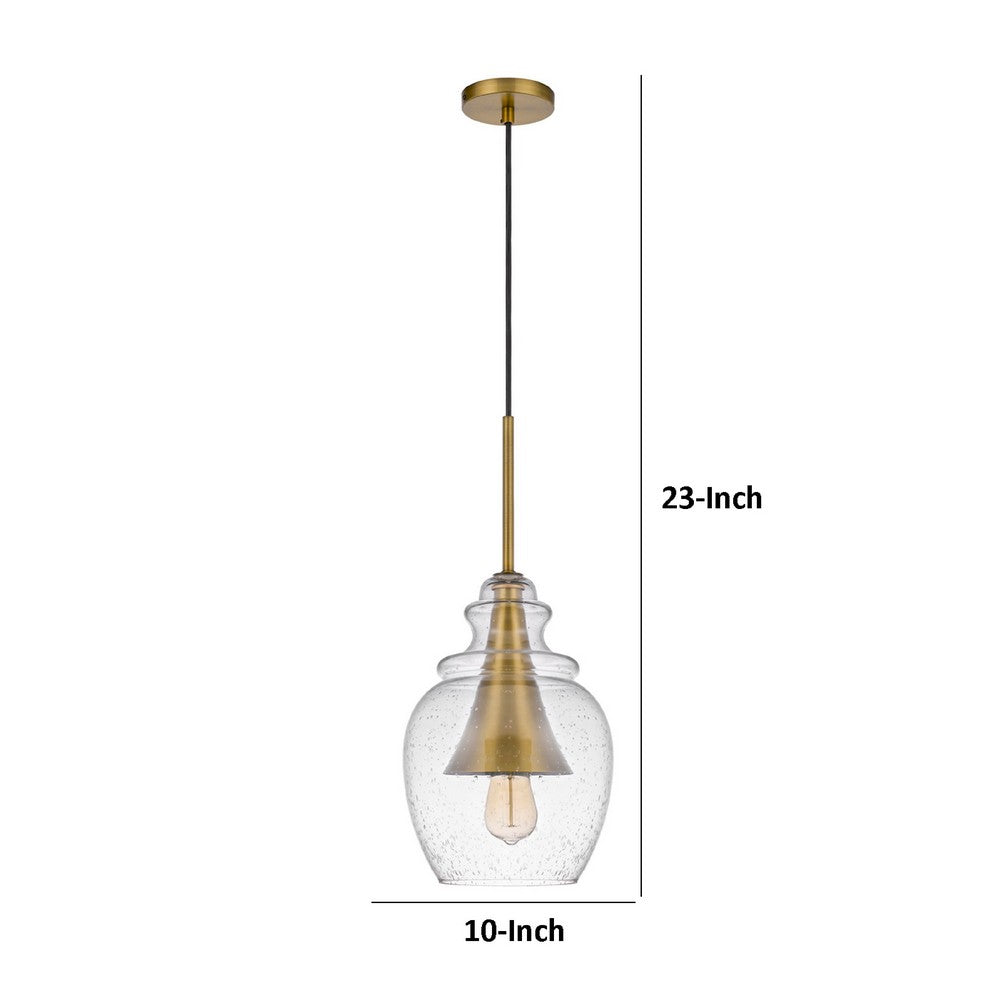 Pendant Light | Seeded Jar Glass Shade | Antique Brass Cone Center Accent