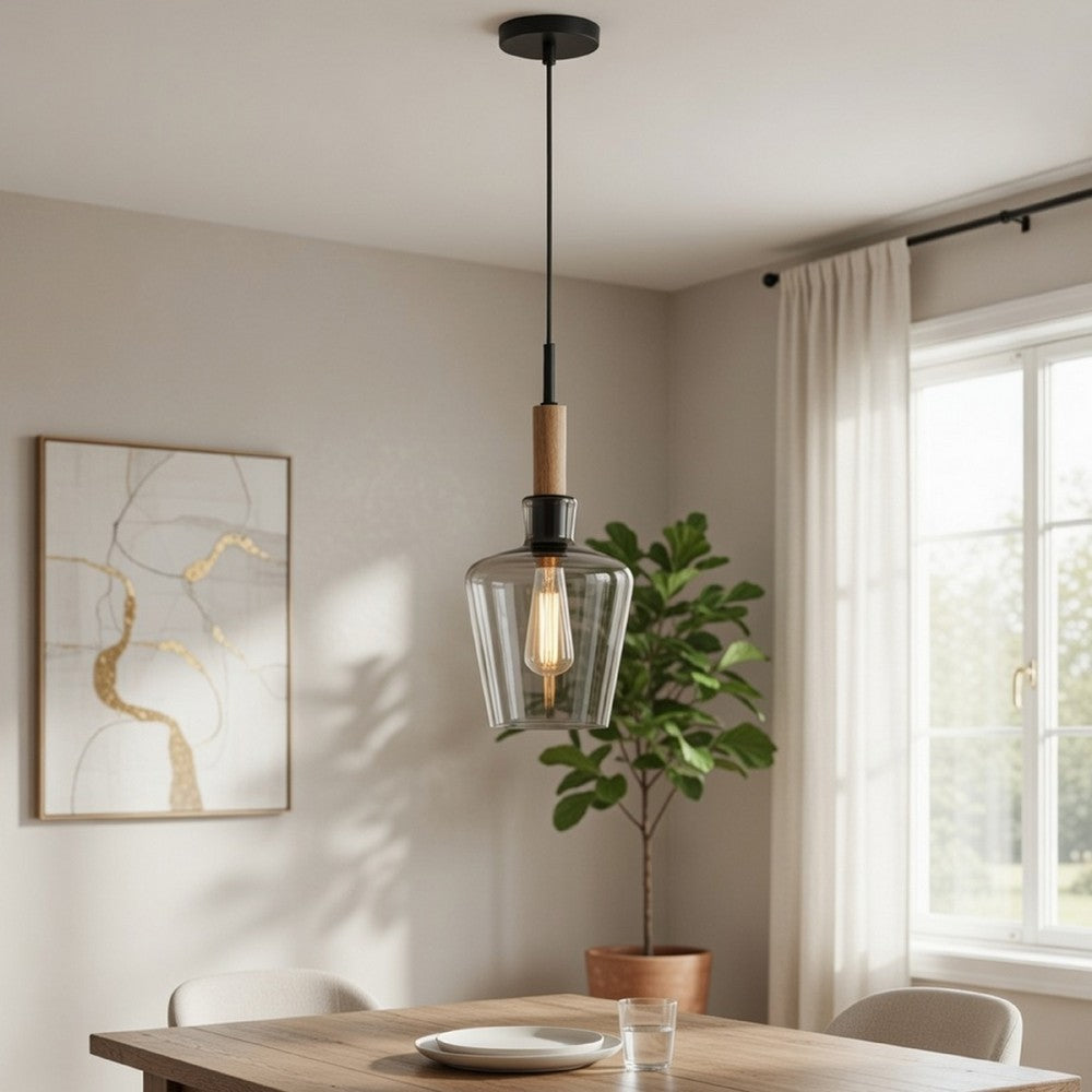 Pendant Light | Seeded Jar Glass Shade | Antique Brass Cone Center Accent