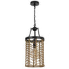 Pendant Light | Cylindric Caged Body with Braided Burlap Rope | Black Metal