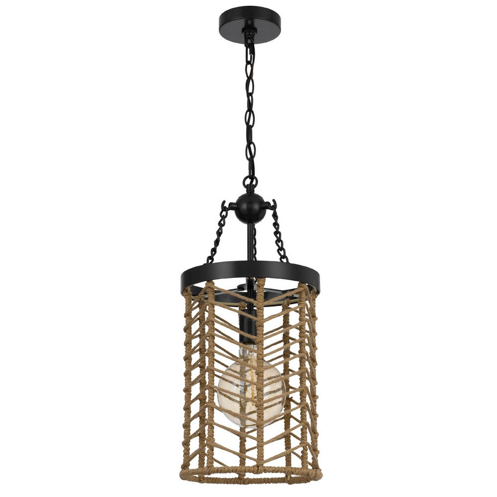 Pendant Light | Cylindric Caged Body with Braided Burlap Rope | Black Metal