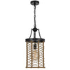 Pendant Light | Cylindric Caged Body with Braided Burlap Rope | Black Metal