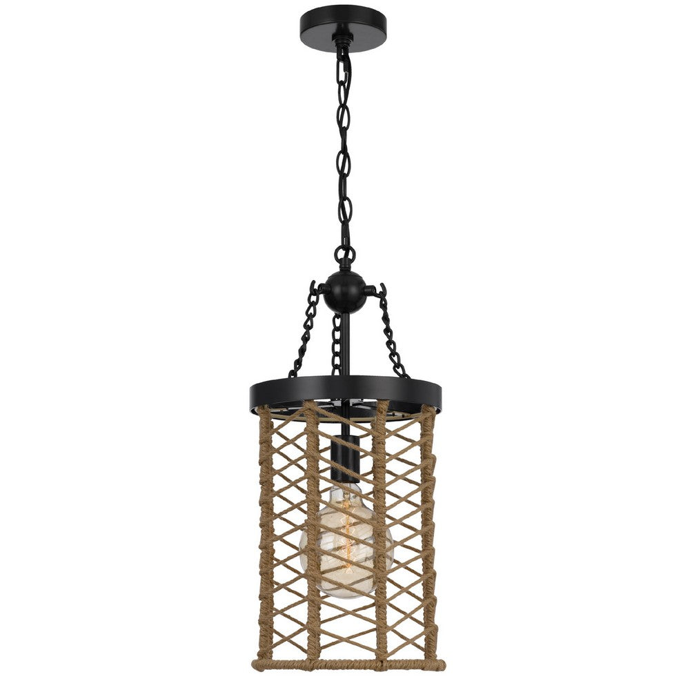 Pendant Light | Cylindric Caged Body with Braided Burlap Rope | Black Metal