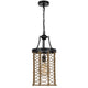 Pendant Light | Cylindric Caged Body with Braided Burlap Rope | Black Metal