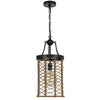 Pendant Light | Cylindric Caged Body with Braided Burlap Rope | Black Metal