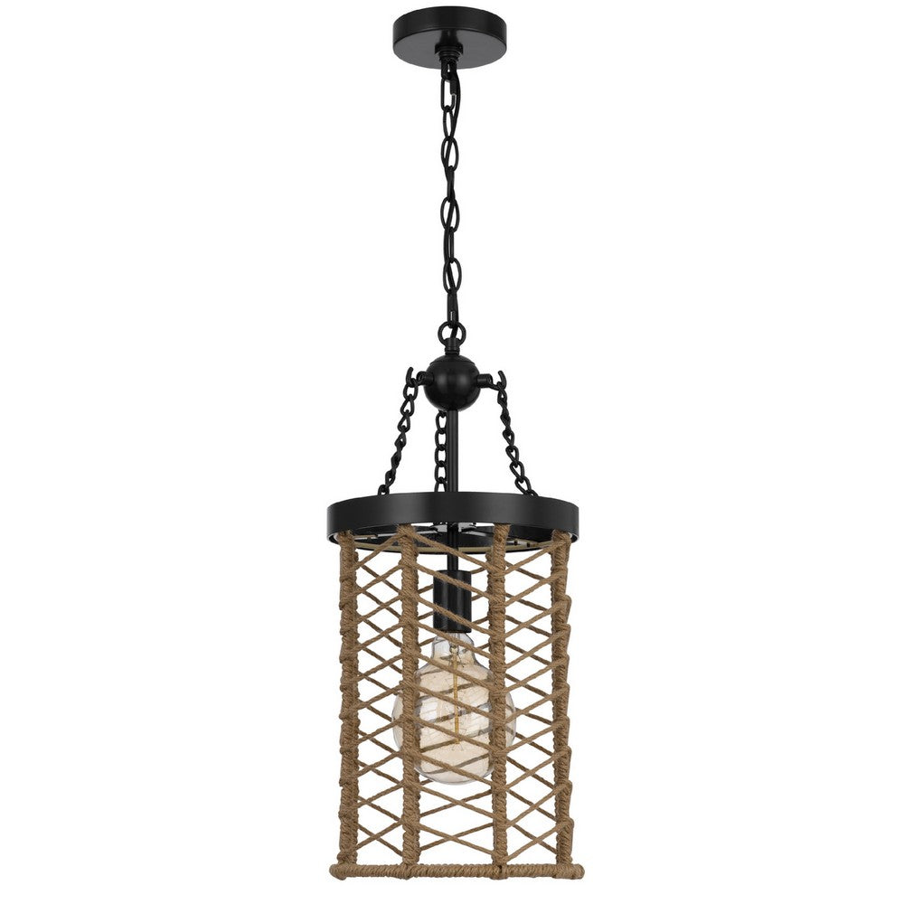 Pendant Light | Cylindric Caged Body with Braided Burlap Rope | Black Metal