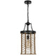 Pendant Light | Cylindric Caged Body with Braided Burlap Rope | Black Metal