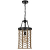 Pendant Light | Cylindric Caged Body with Braided Burlap Rope | Black Metal