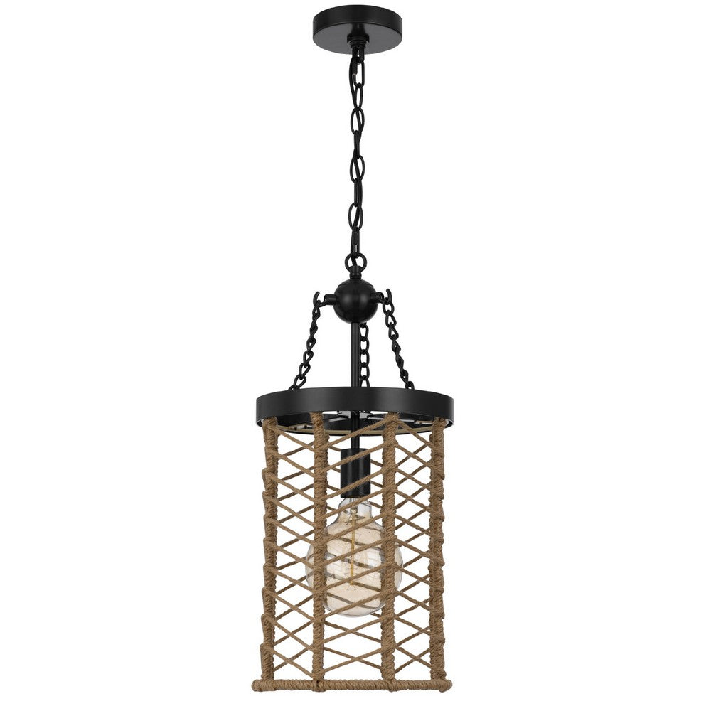 Pendant Light | Cylindric Caged Body with Braided Burlap Rope | Black Metal