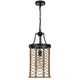 Pendant Light | Cylindric Caged Body with Braided Burlap Rope | Black Metal
