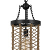 Pendant Light | Cylindric Caged Body with Braided Burlap Rope | Black Metal