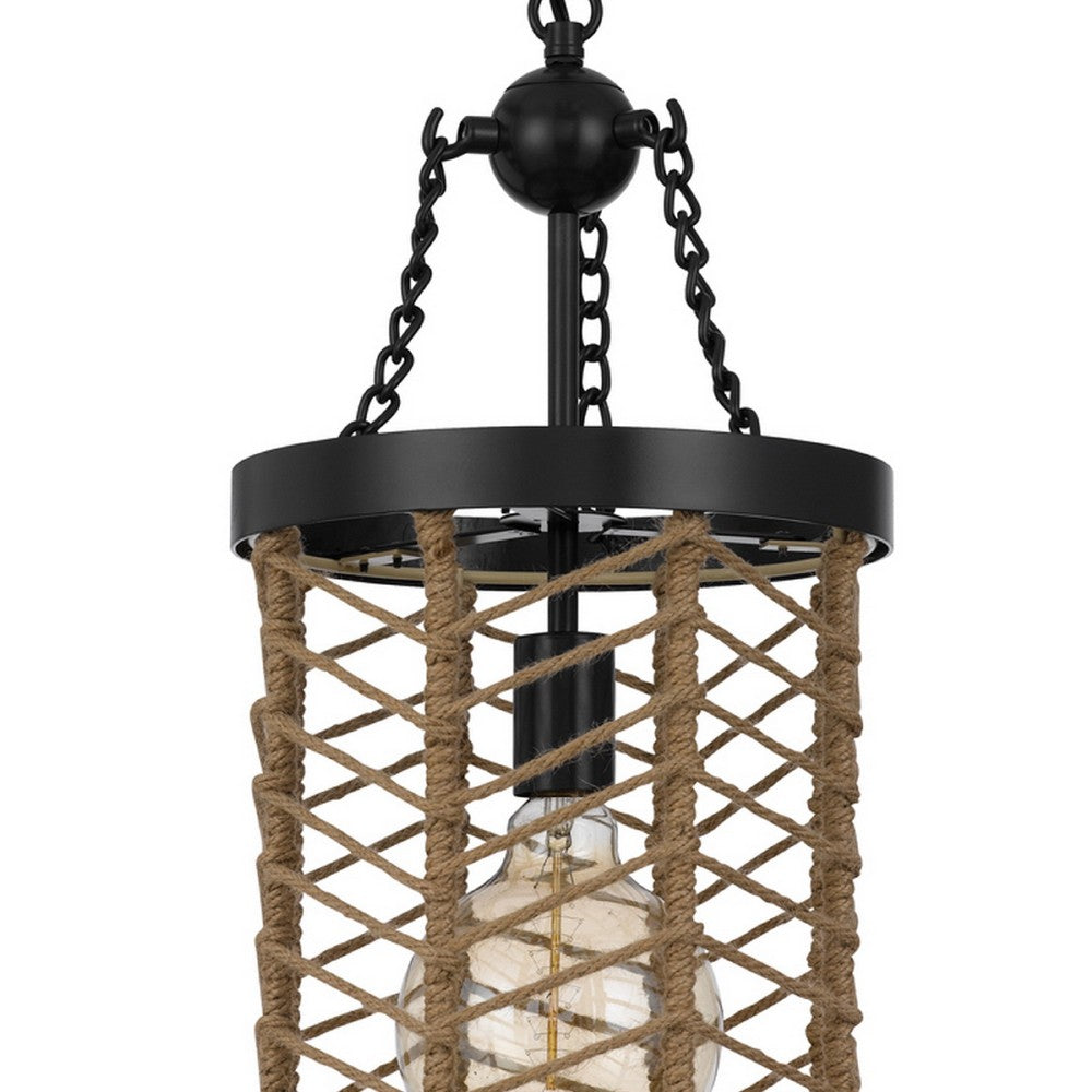 Pendant Light | Cylindric Caged Body with Braided Burlap Rope | Black Metal