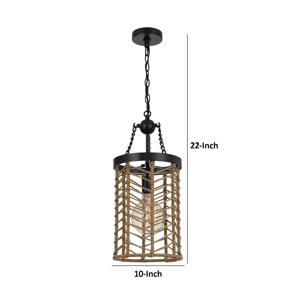 Pendant Light | Cylindric Caged Body with Braided Burlap Rope | Black Metal