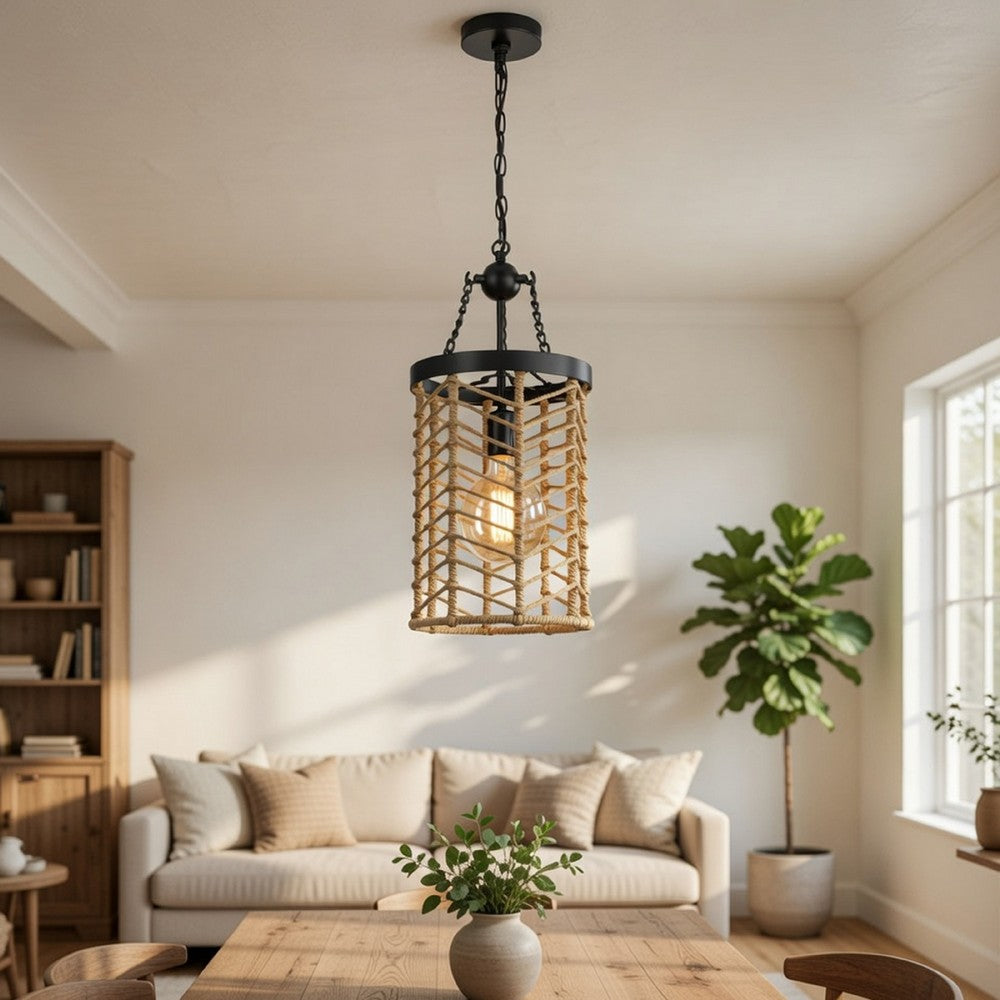 Pendant Light | Cylindric Caged Body with Braided Burlap Rope | Black Metal