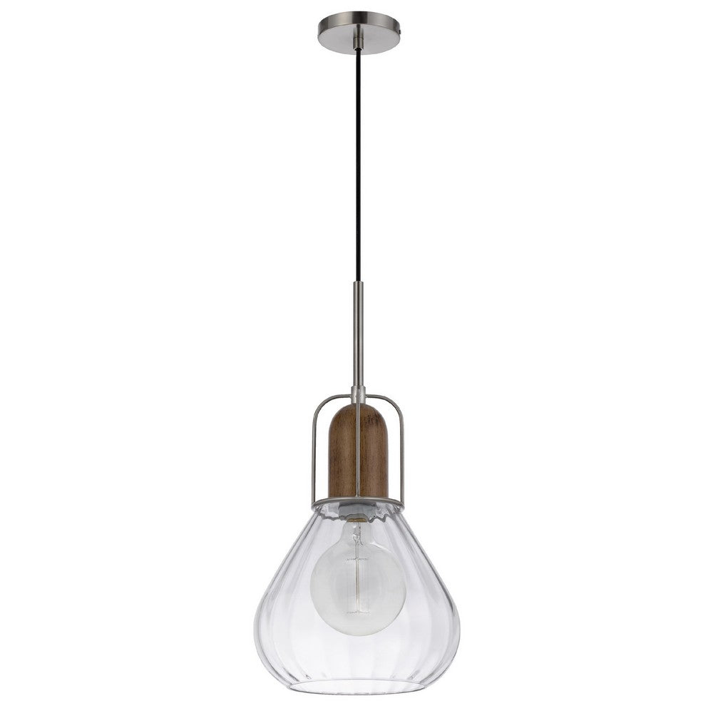 Pendant Light | Adjustable Height | Hand Blown Glass | Wood Accent | Silver