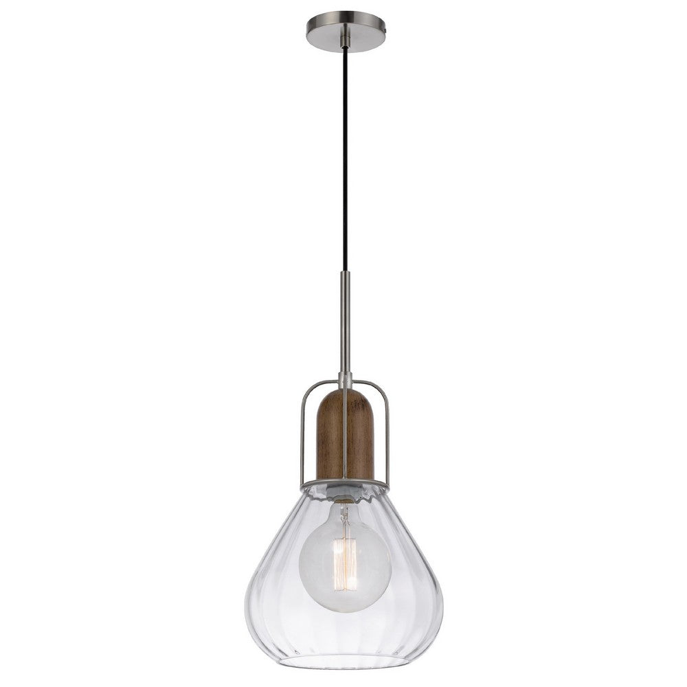 Pendant Light | Adjustable Height | Hand Blown Glass | Wood Accent | Silver