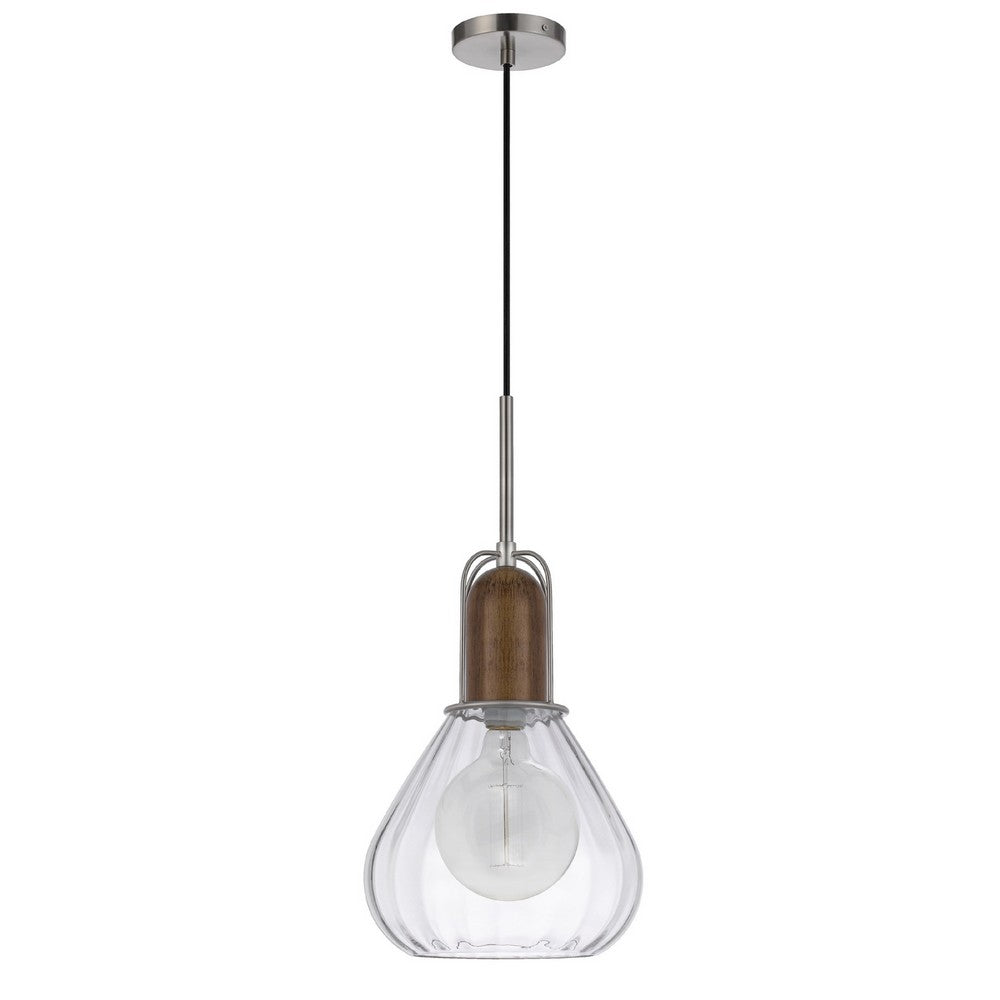 Pendant Light | Adjustable Height | Hand Blown Glass | Wood Accent | Silver