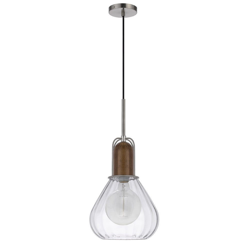 Pendant Light | Adjustable Height | Hand Blown Glass | Wood Accent | Silver