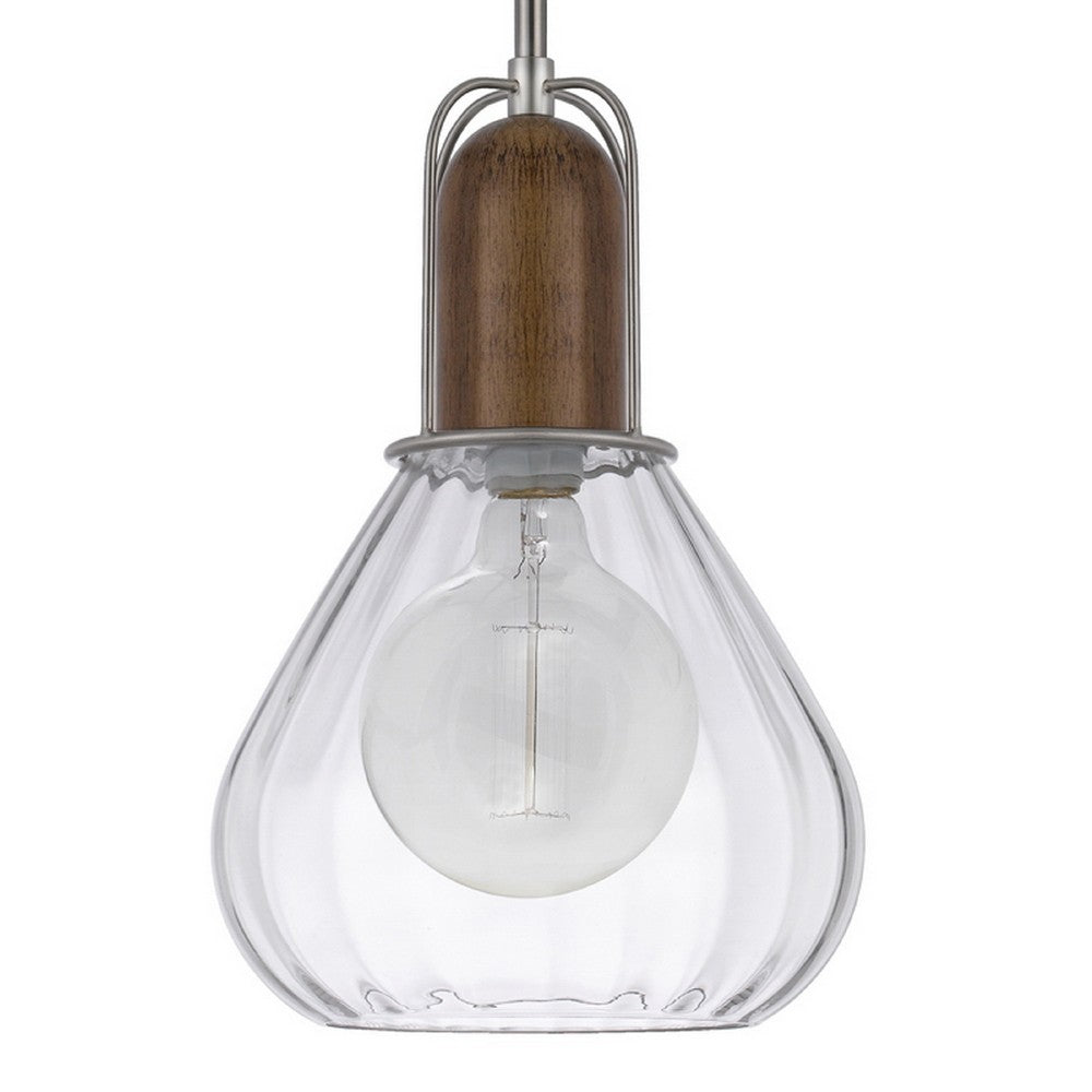 Pendant Light | Adjustable Height | Hand Blown Glass | Wood Accent | Silver