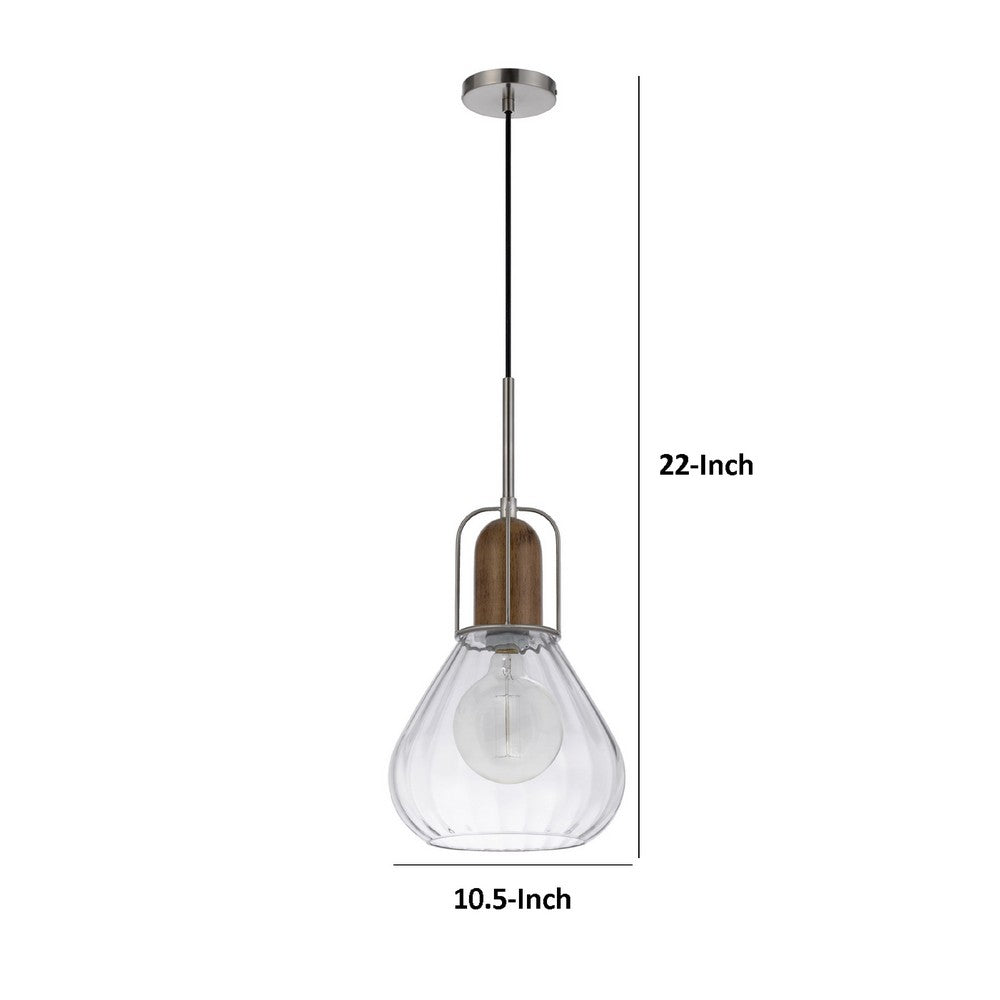 Pendant Light | Adjustable Height | Hand Blown Glass | Wood Accent | Silver