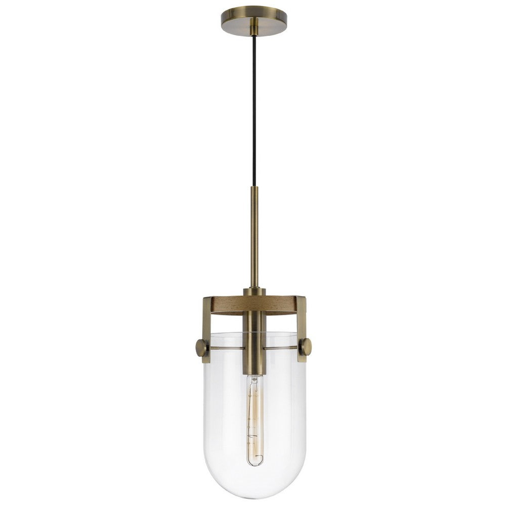 Pendant Light | Rounded Dome Glass Shade | Wood Base | Antique Brass