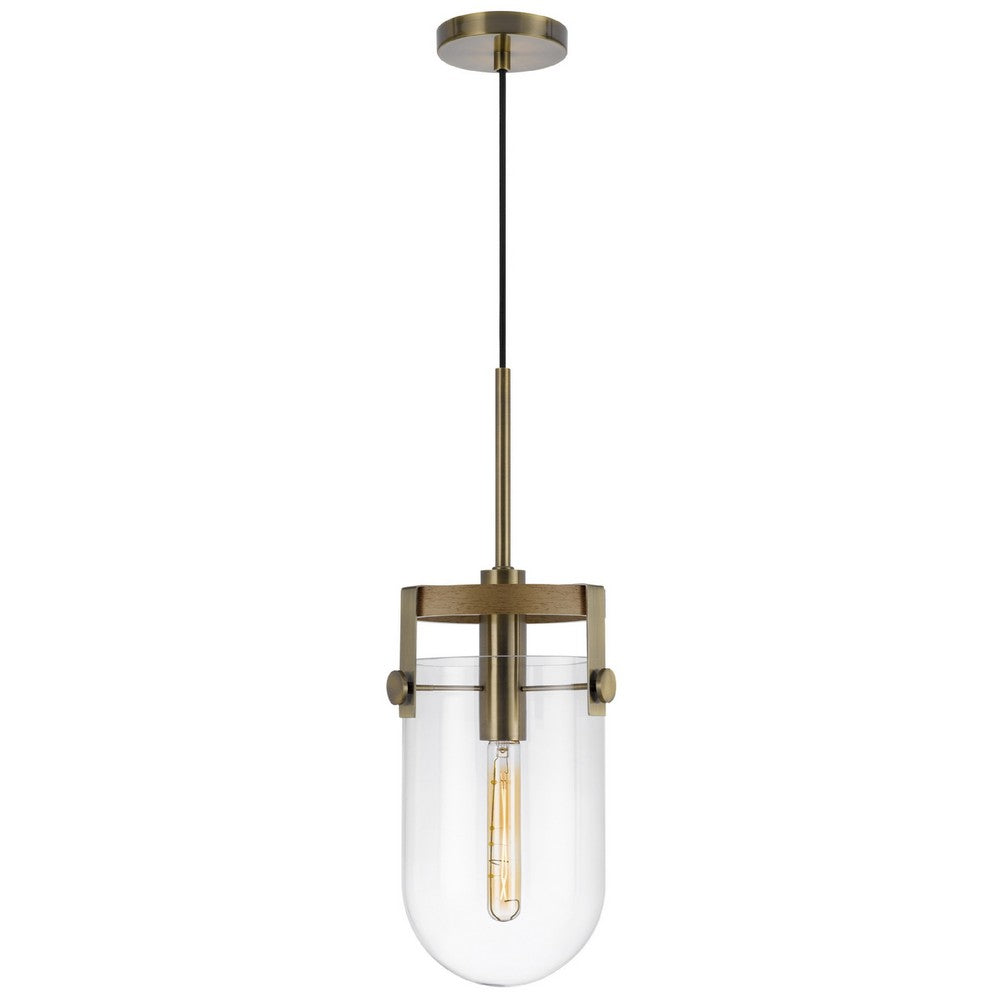 Pendant Light | Rounded Dome Glass Shade | Wood Base | Antique Brass