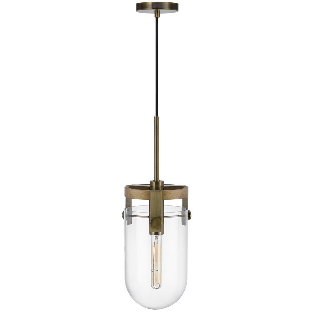 Pendant Light | Rounded Dome Glass Shade | Wood Base | Antique Brass