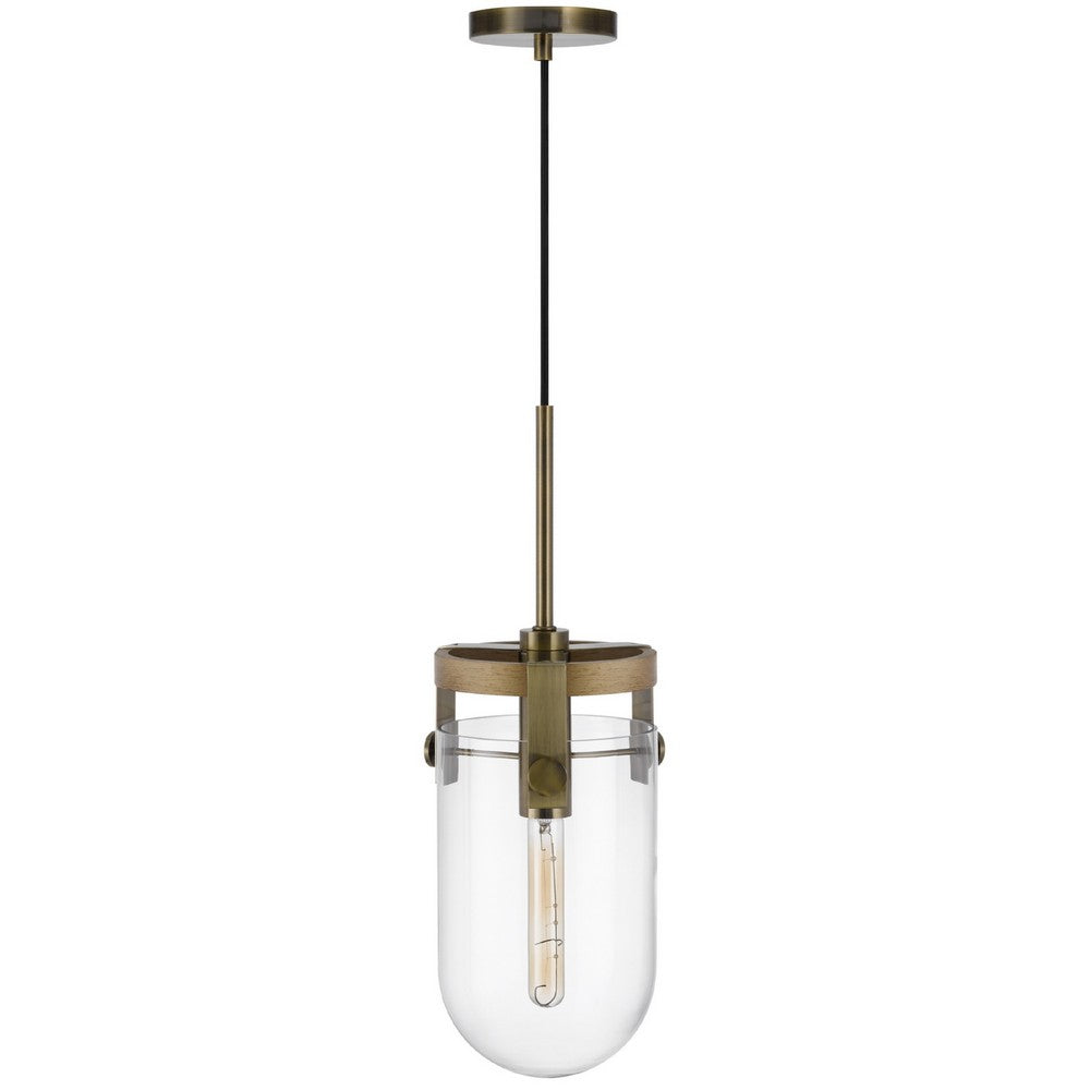 Pendant Light | Rounded Dome Glass Shade | Wood Base | Antique Brass