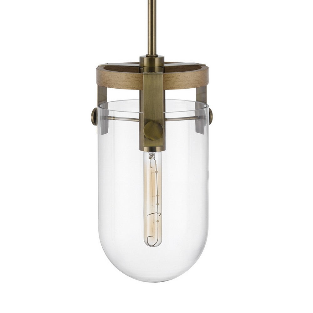 Pendant Light | Rounded Dome Glass Shade | Wood Base | Antique Brass