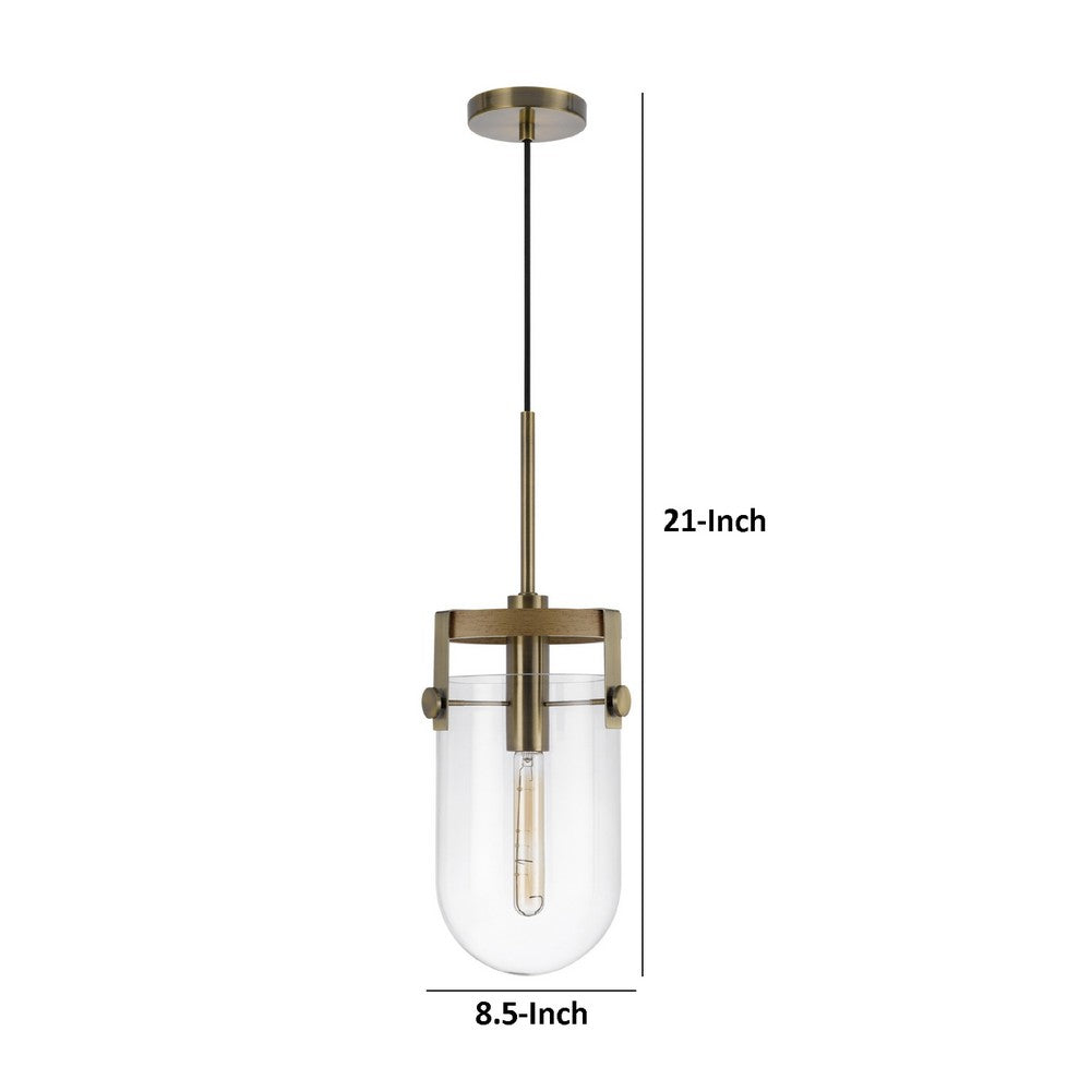 Pendant Light | Rounded Dome Glass Shade | Wood Base | Antique Brass