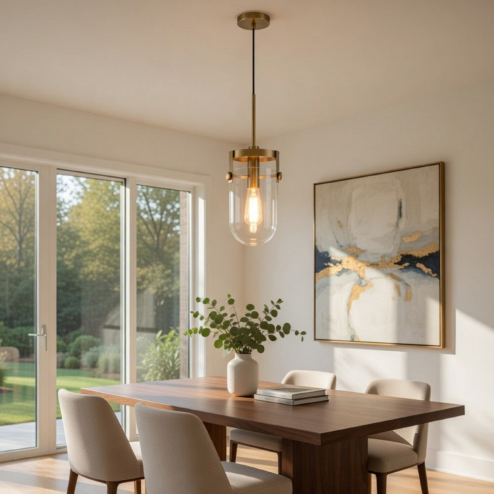 Pendant Light | Rounded Dome Glass Shade | Wood Base | Antique Brass
