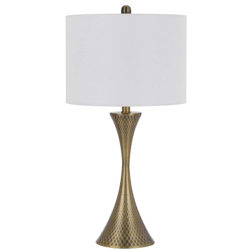 Table Lamp | Tall Hourglass Body White Shade | Diamond Texture Antique Brass