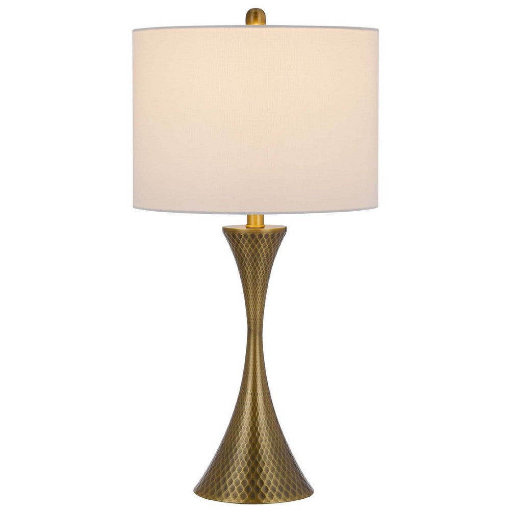 Table Lamp | Tall Hourglass Body White Shade | Diamond Texture Antique Brass