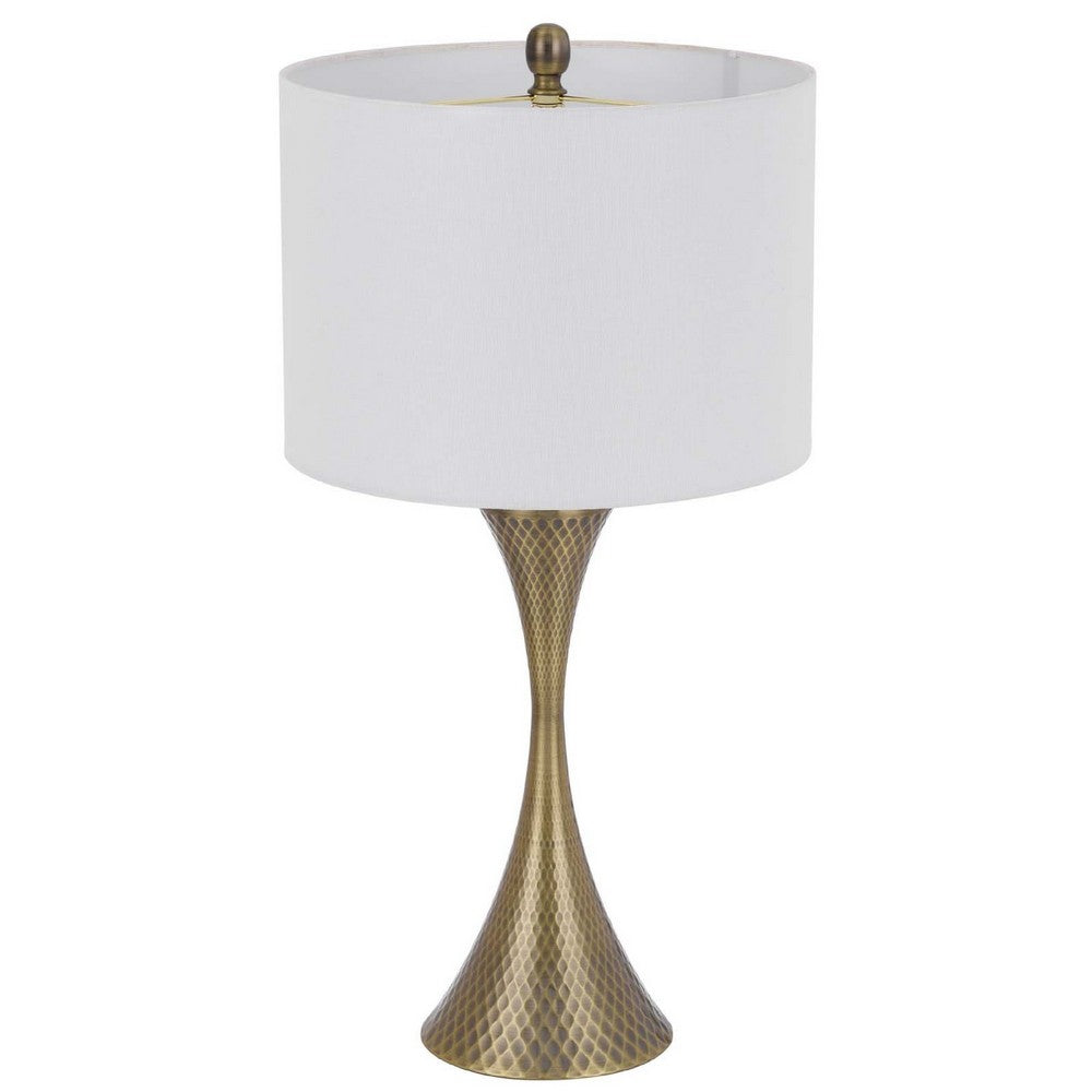 Table Lamp | Tall Hourglass Body White Shade | Diamond Texture Antique Brass