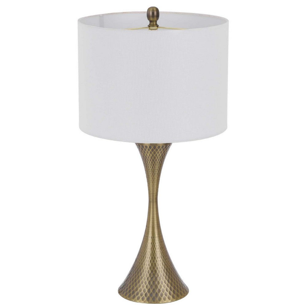 Table Lamp | Tall Hourglass Body White Shade | Diamond Texture Antique Brass