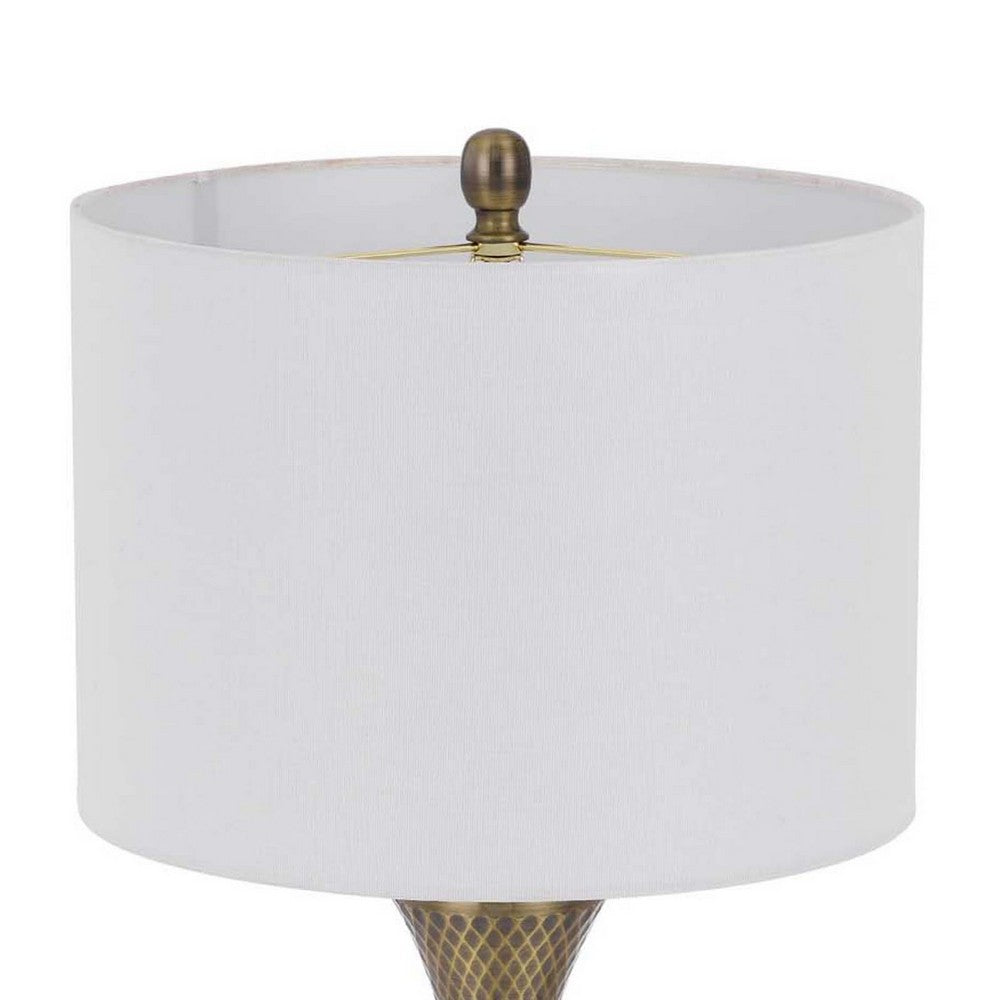 Table Lamp | Tall Hourglass Body White Shade | Diamond Texture Antique Brass
