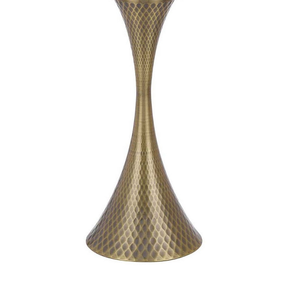 Table Lamp | Tall Hourglass Body White Shade | Diamond Texture Antique Brass