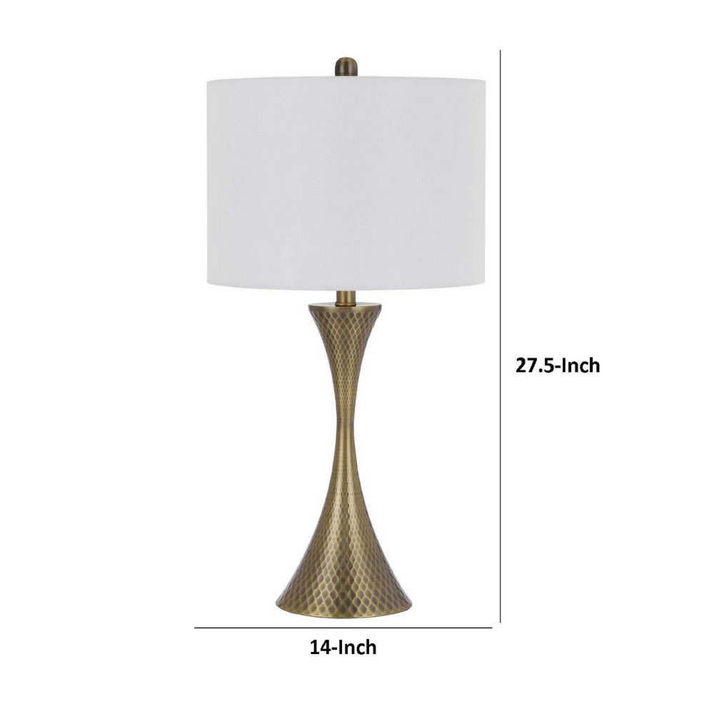 Table Lamp | Tall Hourglass Body White Shade | Diamond Texture Antique Brass