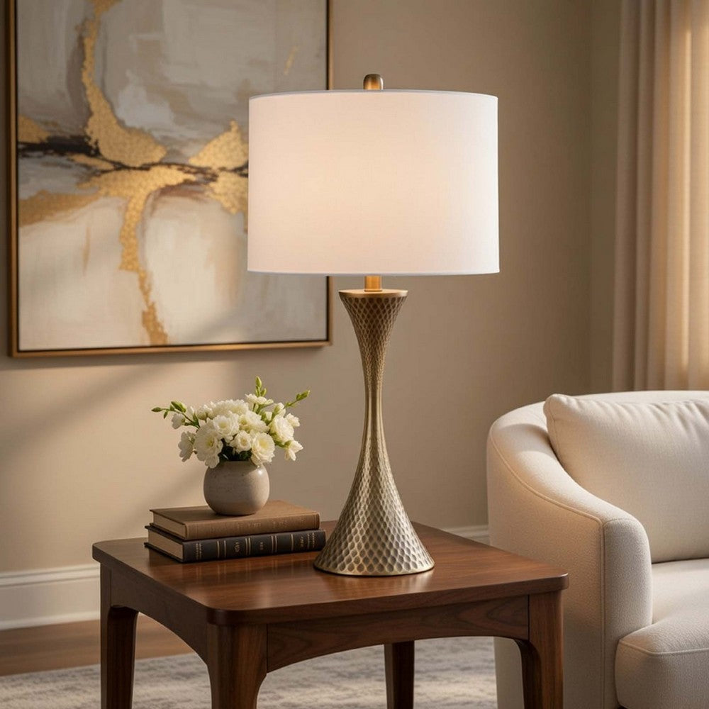 Table Lamp | Tall Hourglass Body White Shade | Diamond Texture Antique Brass