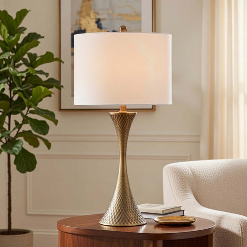 Table Lamp | Tall Hourglass Body White Shade | Diamond Texture Antique Brass