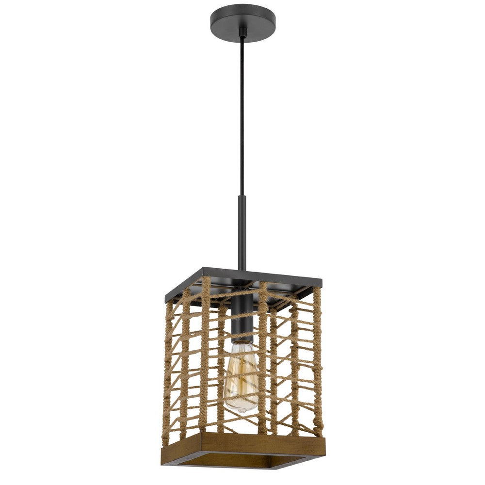 Pendant Light | Braided Burlap Shade | Square Caged Design | Black Metal