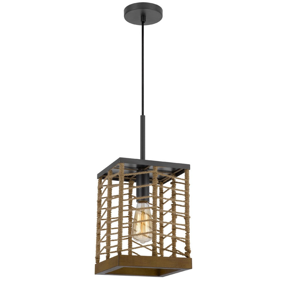 Pendant Light | Braided Burlap Shade | Square Caged Design | Black Metal
