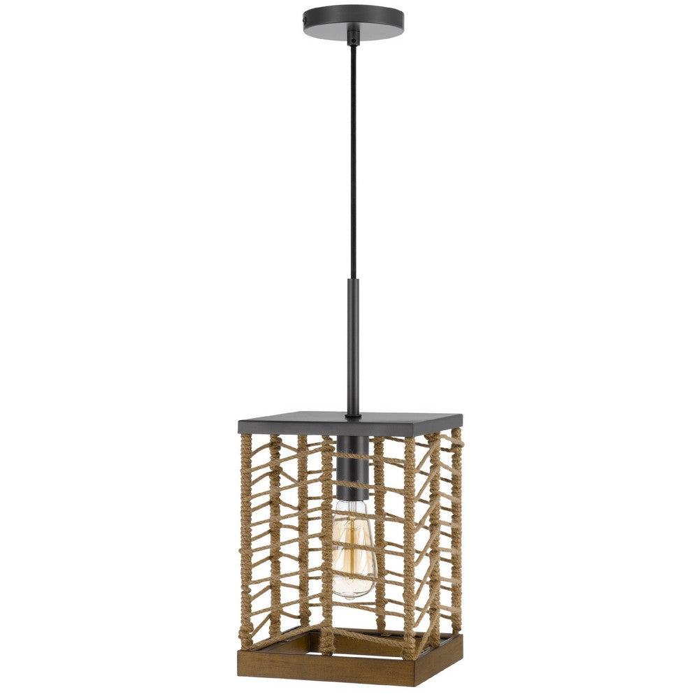 Pendant Light | Braided Burlap Shade | Square Caged Design | Black Metal