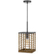 Pendant Light | Braided Burlap Shade | Square Caged Design | Black Metal