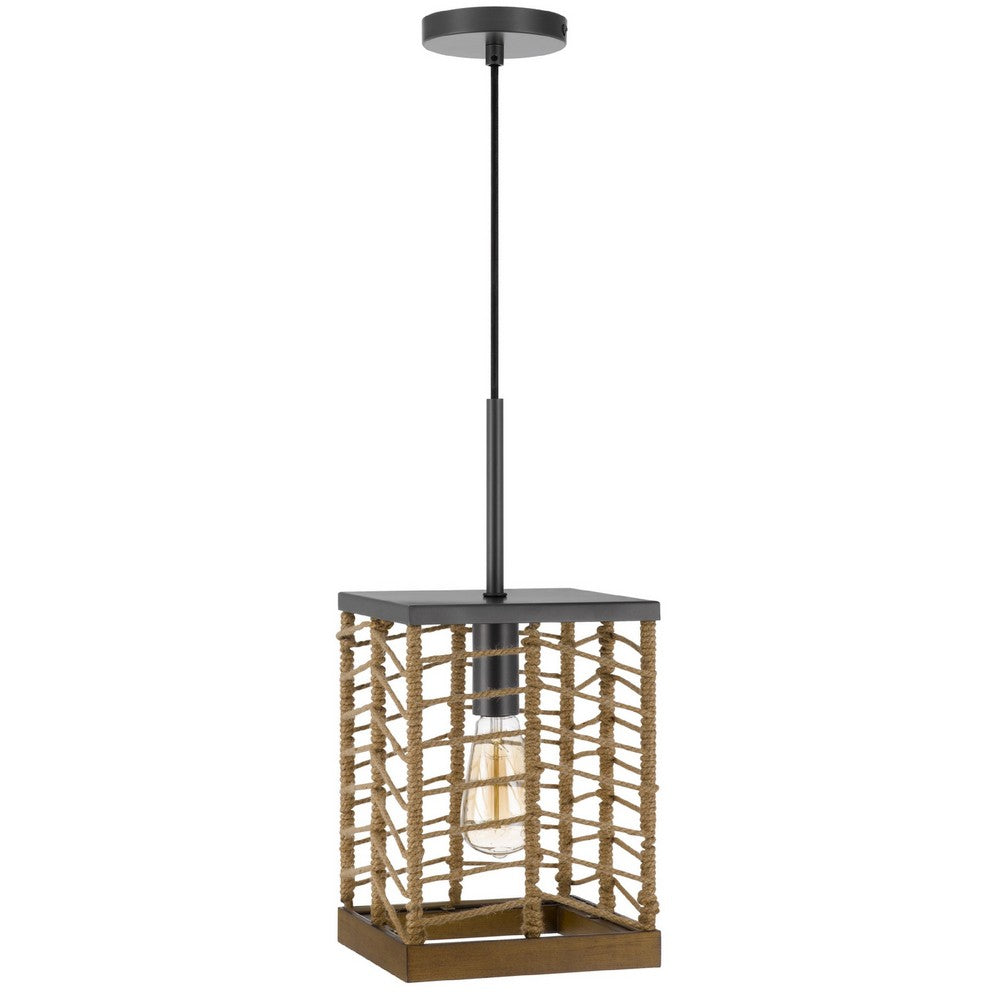Pendant Light | Braided Burlap Shade | Square Caged Design | Black Metal
