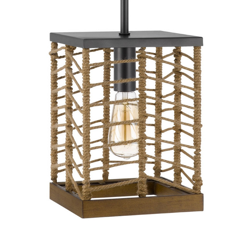 Pendant Light | Braided Burlap Shade | Square Caged Design | Black Metal
