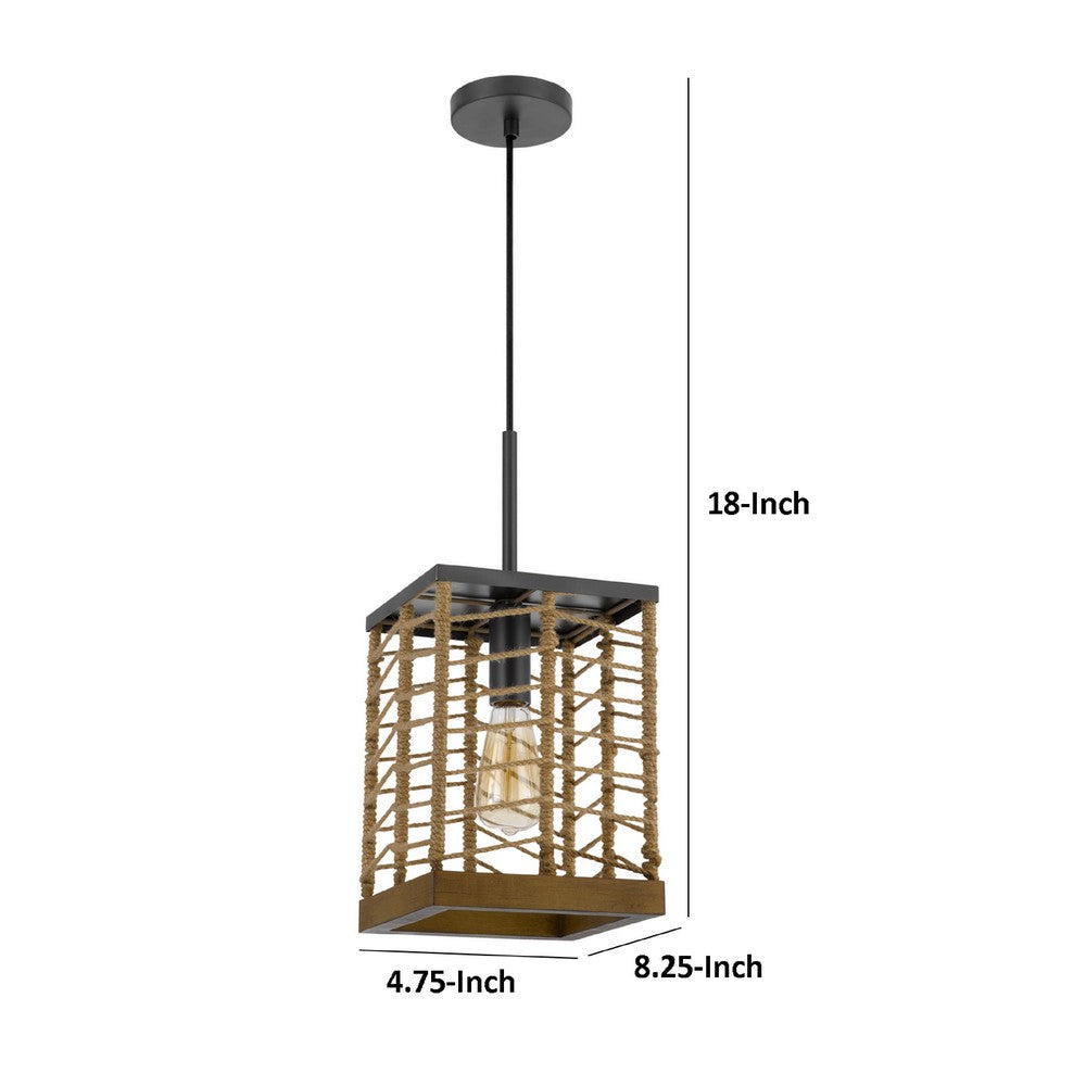 Pendant Light | Braided Burlap Shade | Square Caged Design | Black Metal