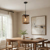 Pendant Light | Braided Burlap Shade | Square Caged Design | Black Metal