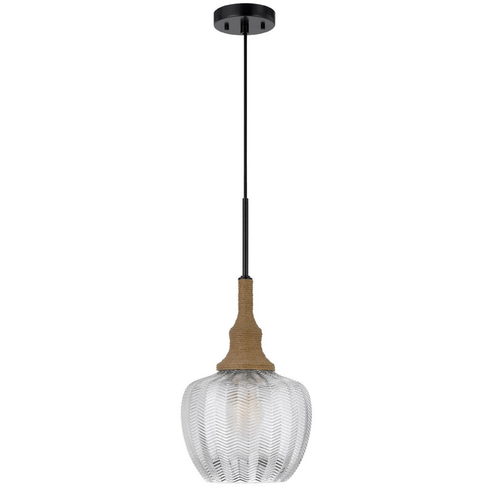 Pendant Light | Leaf Pattern Glass Shade | Burlap Rope Accent | Black Metal