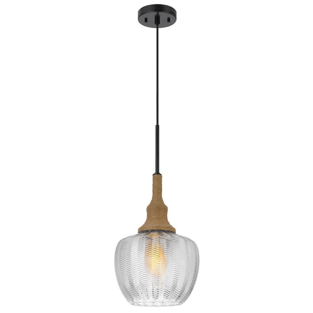 Pendant Light | Leaf Pattern Glass Shade | Burlap Rope Accent | Black Metal